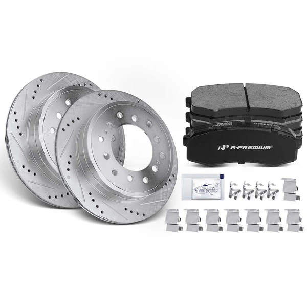 Drilled & Slotted Disc Brake Rotors and Ceramic Pads Kit, 6 Pcs, Rear Driver & Passenger, A-Premium, APBRPS296