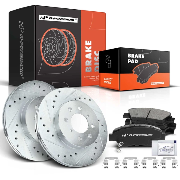 2007-2008 Honda Fit Drilled & Slotted Disc Brake Rotors and Ceramic Pads Kit, 6 Pcs, Front Driver & Passenger, A-Premium, APBRPS033
