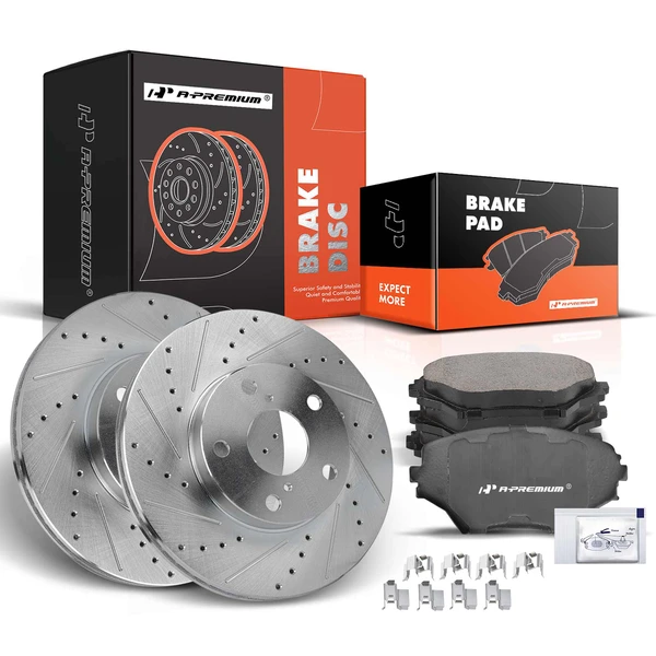 2001-2005 Toyota RAV4 Drilled & Slotted Disc Brake Rotors and Ceramic Pads Kit, 6 Pcs, Front Driver & Passenger, A-Premium, APBRPS635
