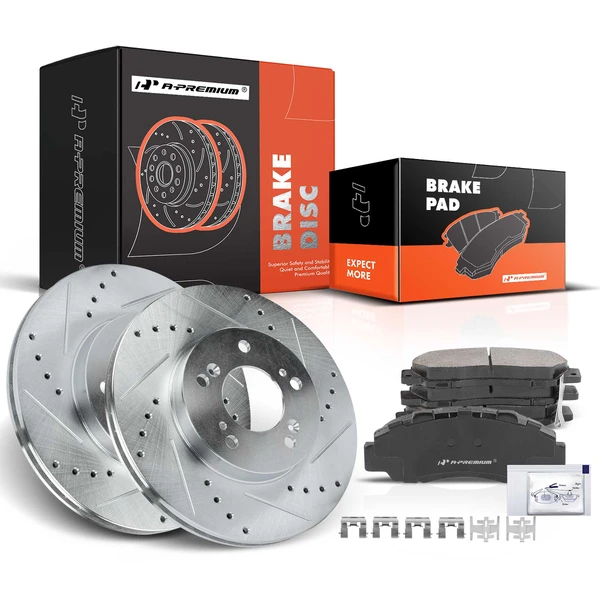 1997-2001 Honda Prelude Drilled & Slotted Disc Brake Rotors and Ceramic Pads Kit, 6 Pcs, Front Driver & Passenger, A-Premium, APBRPS636