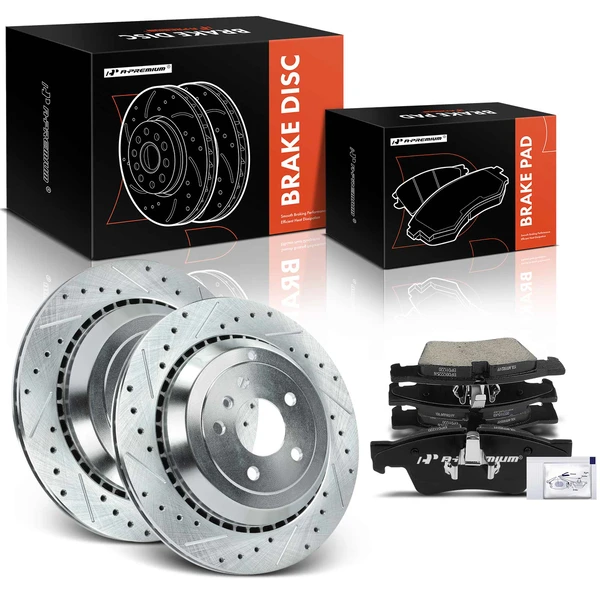Drilled & Slotted Disc Brake Rotors and Ceramic Pads Kit, 6 Pcs, Rear Driver & Passenger, A-Premium, APBRPS423