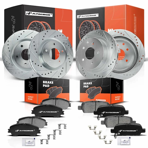 2008-2013 Nissan Rogue Drilled & Slotted Disc Brake Rotors and Ceramic Pads Kit, 12 Pcs, Front & Rear, A-Premium, APBRPS138