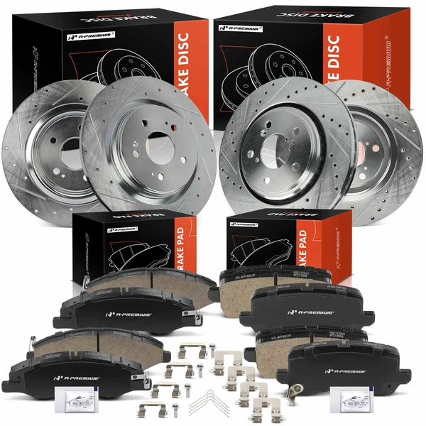 2018-2021 2023 Honda Odyssey Drilled & Slotted Disc Brake Rotors and Ceramic Pads Kit, 12 Pcs, Front & Rear, A-Premium, APBRPS1328