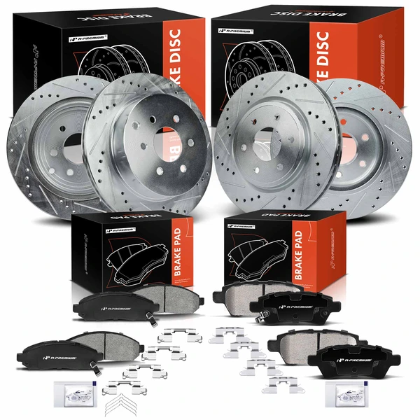 2005-2012 Nissan Pathfinder Drilled & Slotted Disc Brake Rotors and Ceramic Pads Kit, 12 Pcs, Front & Rear, A-Premium, APBRPS637