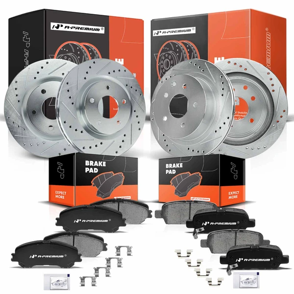 2014-2017 Nissan Rogue Drilled & Slotted Disc Brake Rotors and Ceramic Pads Kit, 12 Pcs, Front & Rear, A-Premium, APBRPS137