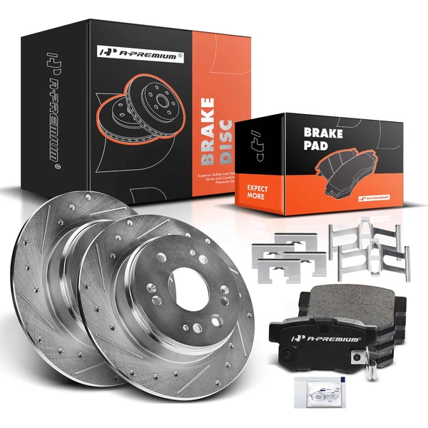 2002-2004 Honda CR-V Drilled & Slotted Disc Brake Rotors and Ceramic Pads Kit, 6 Pcs, Rear Driver & Passenger, A-Premium, APBRPS139