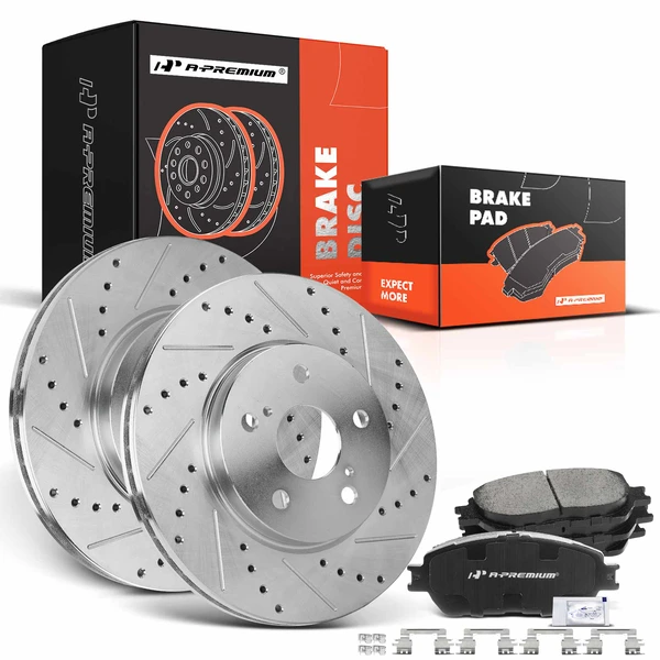 2002-2003 Lexus ES300 Drilled & Slotted Disc Brake Rotors and Ceramic Pads Kit, 6 Pcs, Front Driver & Passenger, A-Premium, APBRPS299