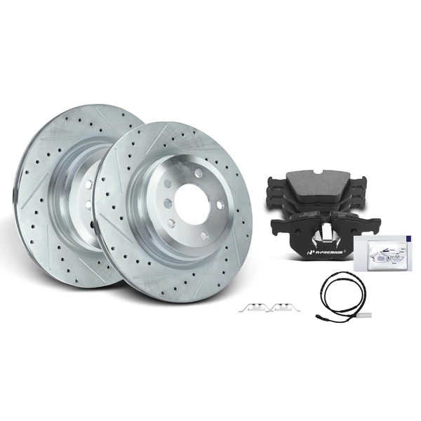 Drilled & Slotted Disc Brake Rotors and Ceramic Pads Kit, 6 Pcs, Rear Driver & Passenger, A-Premium, APBRPS334