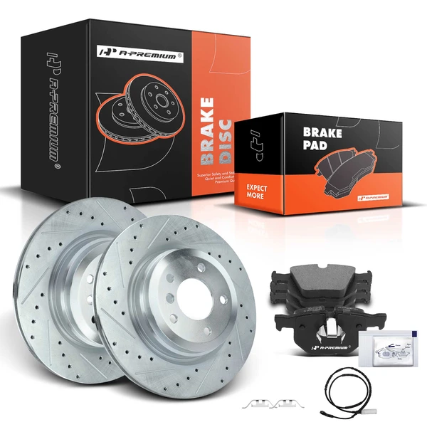 2007-2013 BMW 335i Drilled & Slotted Disc Brake Rotors and Ceramic Pads Kit, 6 Pcs, Rear Driver & Passenger, A-Premium, APBRPS334