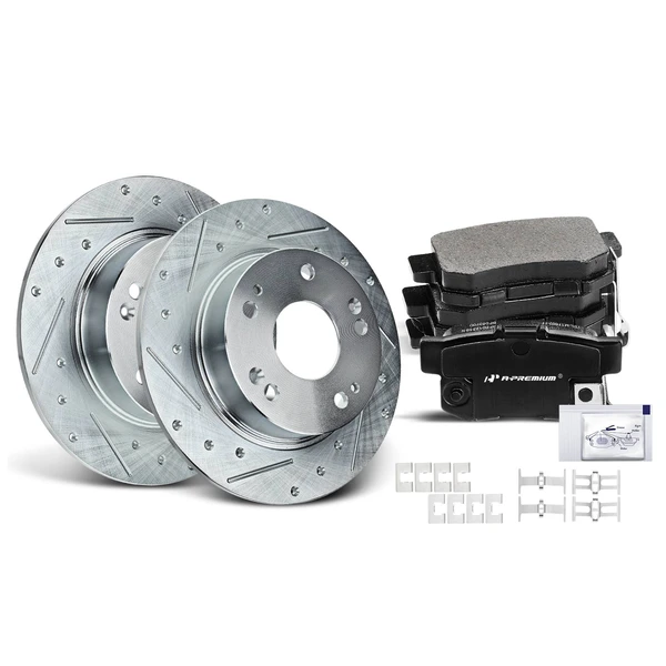 Drilled & Slotted Disc Brake Rotors and Ceramic Pads Kit, 6 Pcs, Rear Driver & Passenger, A-Premium, APBRPS038