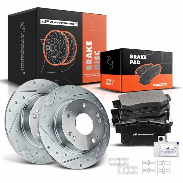 Drilled & Slotted Disc Brake Rotors and Ceramic Pads Kit, 6 Pcs, Rear Driver & Passenger, A-Premium, APBRPS038