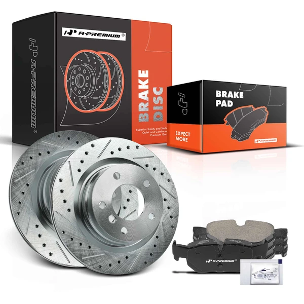 Drilled & Slotted Disc Brake Rotors and Ceramic Pads Kit, 6 Pcs, Rear Driver & Passenger, A-Premium, APBRPS1040