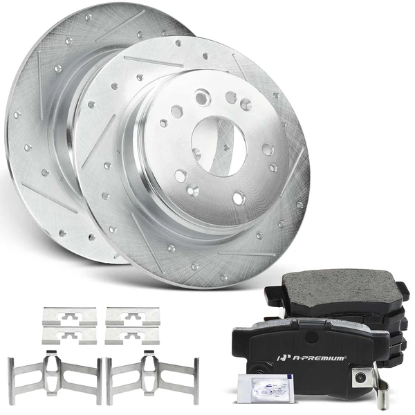 Drilled & Slotted Disc Brake Rotors and Ceramic Pads Kit, 6 Pcs, Rear Driver & Passenger, A-Premium, APBRPS039