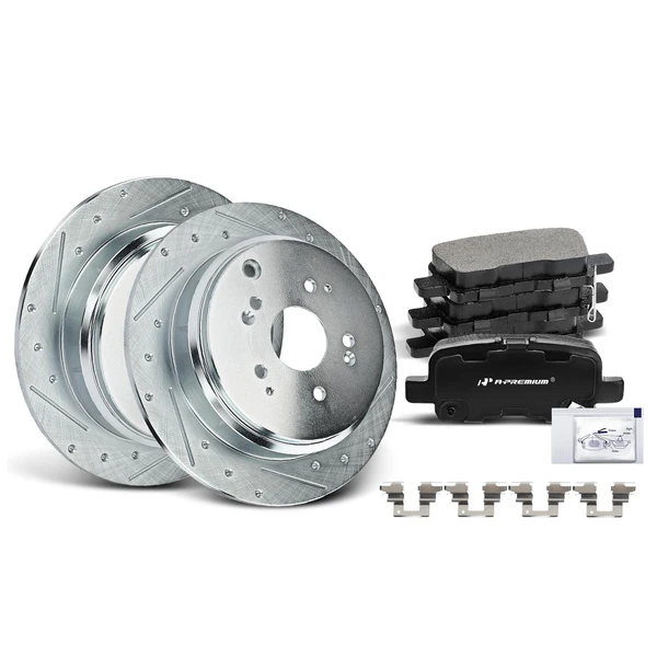 Drilled & Slotted Disc Brake Rotors and Ceramic Pads Kit, 6 Pcs, Rear Driver & Passenger, A-Premium, APBRPS040