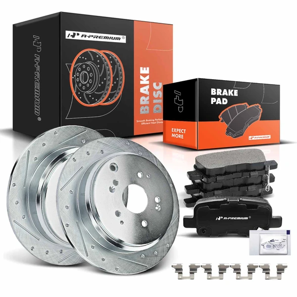 2002-2004 Honda Odyssey Drilled & Slotted Disc Brake Rotors and Ceramic Pads Kit, 6 Pcs, Rear Driver & Passenger, A-Premium, APBRPS040