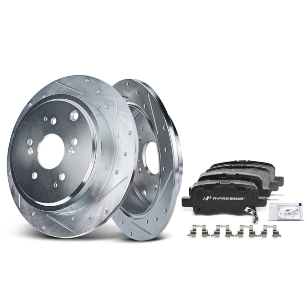 Drilled & Slotted Disc Brake Rotors and Ceramic Pads Kit, 6 Pcs, Rear Driver & Passenger, A-Premium, APBRPS300