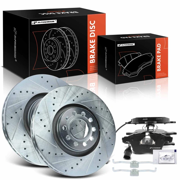 2005-2009 Audi A4 Quattro Drilled & Slotted Disc Brake Rotors and Ceramic Pads Kit, 6 Pcs, Front Driver & Passenger, A-Premium, APBRPS429