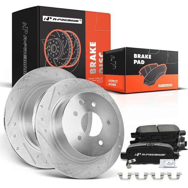 2011-2017 Nissan Juke Drilled & Slotted Disc Brake Rotors and Ceramic Pads Kit, 6 Pcs, Rear Driver & Passenger, A-Premium, APBRPS037