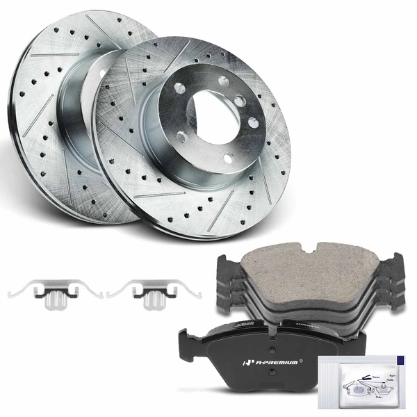 2008-2013 BMW 128i Drilled & Slotted Disc Brake Rotors and Ceramic Pads Kit, 6 Pcs, Front Driver & Passenger, A-Premium, APBRPS996