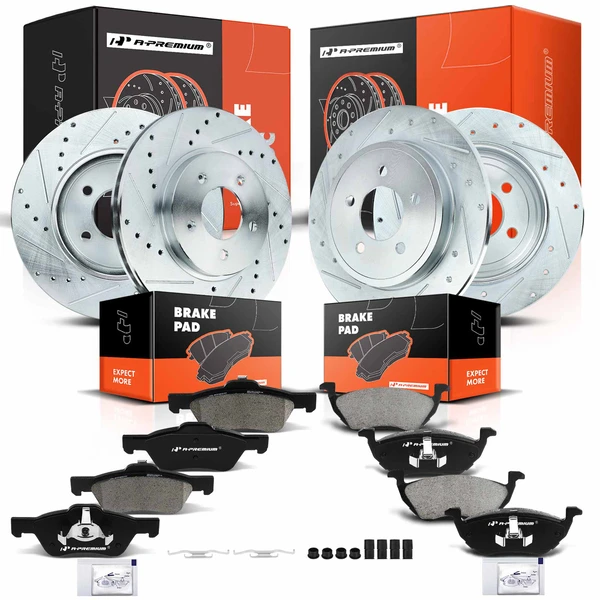2005-2008 Mercury Mariner Drilled & Slotted Disc Brake Rotors and Ceramic Pads Kit, 12 Pcs, Front & Rear, A-Premium, APBRPS241