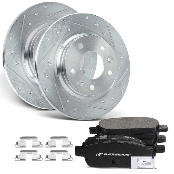Drilled & Slotted Disc Brake Rotors and Ceramic Pads Kit, 6 Pcs, Rear Driver & Passenger, A-Premium, APBRPS301