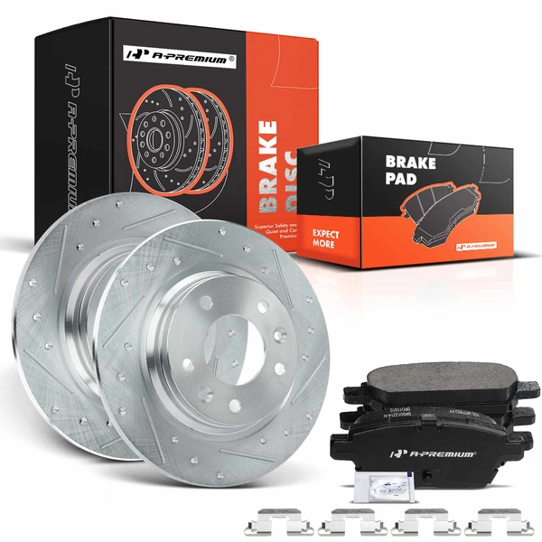 2006-2013 Mazda 6 Drilled & Slotted Disc Brake Rotors and Ceramic Pads Kit, 6 Pcs, Rear Driver & Passenger, A-Premium, APBRPS301