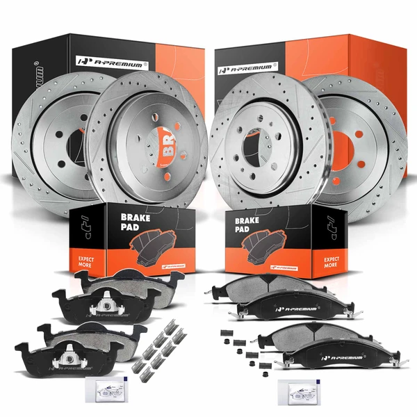 2007-2009 Ford Expedition Drilled & Slotted Disc Brake Rotors and Ceramic Pads Kit, 12 Pcs, Front & Rear, A-Premium, APBRPS143
