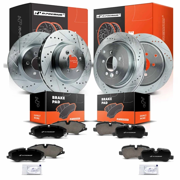 Drilled & Slotted Disc Brake Rotors and Ceramic Pads Kit, 12 Pcs, Front & Rear, A-Premium, APBRPS1057