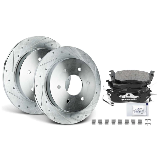 Drilled & Slotted Disc Brake Rotors and Ceramic Pads Kit, 6 Pcs, Rear Driver & Passenger, A-Premium, APBRPS643