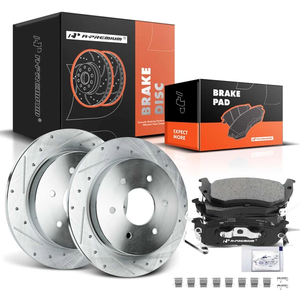 2004-2015 Nissan Titan Drilled & Slotted Disc Brake Rotors and Ceramic Pads Kit, 6 Pcs, Rear Driver & Passenger, A-Premium, APBRPS643