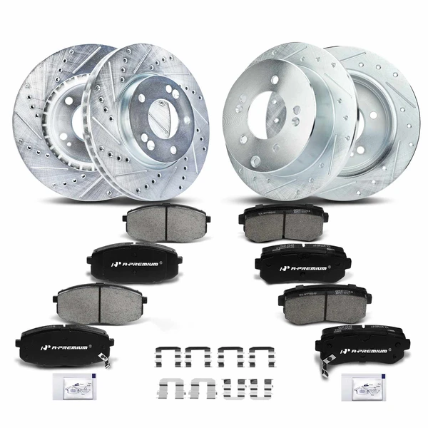 Drilled & Slotted Disc Brake Rotors and Ceramic Pads Kit, 12 Pcs, Front & Rear, A-Premium, APBRPS144