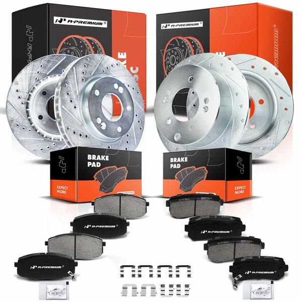Drilled & Slotted Disc Brake Rotors and Ceramic Pads Kit, 12 Pcs, Front & Rear, A-Premium, APBRPS144