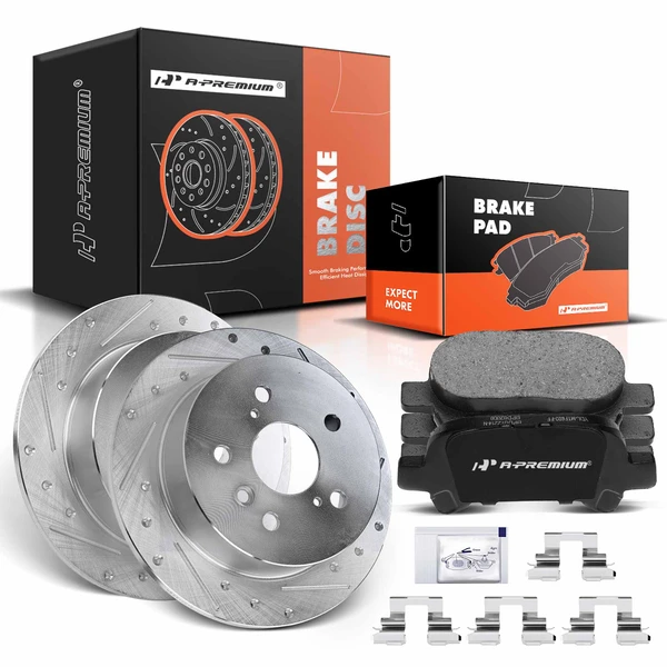 2005-2007 Toyota Avalon Drilled & Slotted Disc Brake Rotors and Ceramic Pads Kit, 6 Pcs, Rear Driver & Passenger, A-Premium, APBRPS141