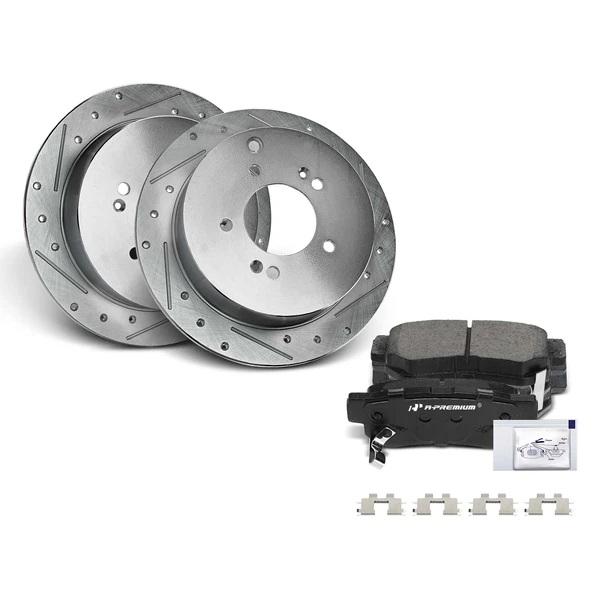 Drilled & Slotted Disc Brake Rotors and Ceramic Pads Kit, 6 Pcs, Rear Driver & Passenger, A-Premium, APBRPS145