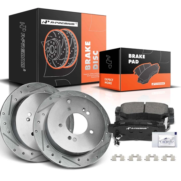 2005-2010 Kia Sportage Drilled & Slotted Disc Brake Rotors and Ceramic Pads Kit, 6 Pcs, Rear Driver & Passenger, A-Premium, APBRPS145