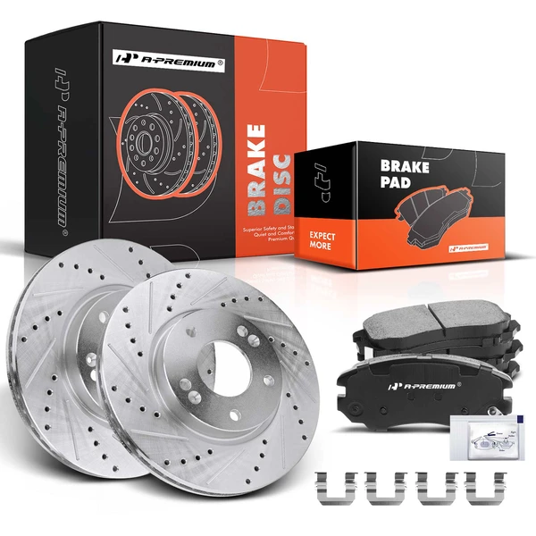 2012-2013 Kia Soul Drilled & Slotted Disc Brake Rotors and Ceramic Pads Kit, 6 Pcs, Front Driver & Passenger, A-Premium, APBRPS303