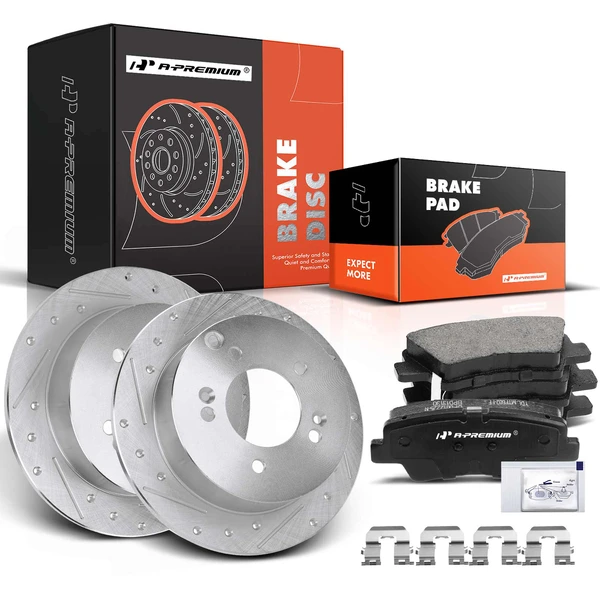 2008-2010 Hyundai Sonata Drilled & Slotted Disc Brake Rotors and Ceramic Pads Kit, 6 Pcs, Rear Driver & Passenger, A-Premium, APBRPS304