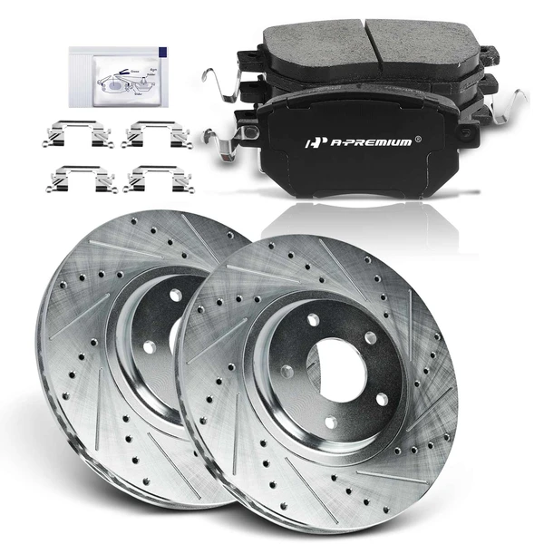 2003-2005 INFINITI FX45 Drilled & Slotted Disc Brake Rotors and Ceramic Pads Kit, 6 Pcs, Front Driver & Passenger, A-Premium, APBRPS644