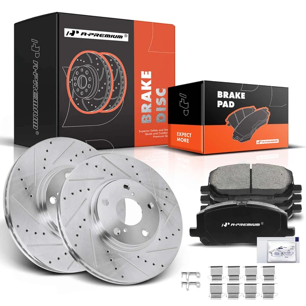 2001-2007 Toyota Highlander Drilled & Slotted Disc Brake Rotors and Ceramic Pads Kit, 6 Pcs, Front Driver & Passenger, A-Premium, APBRPS302