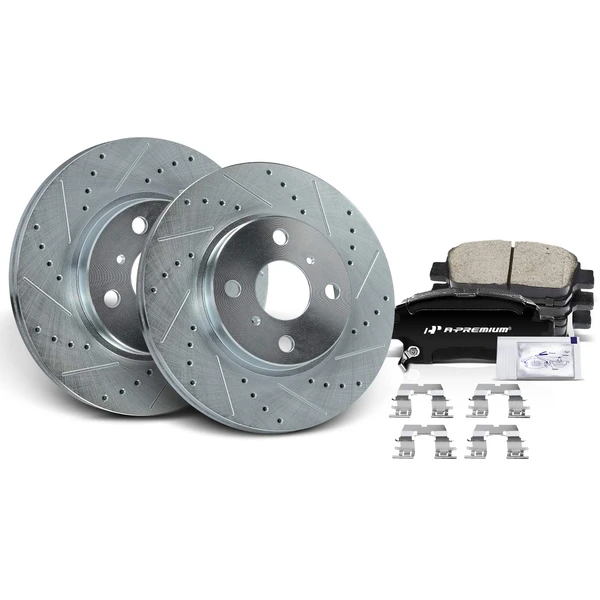 2004-2006 Scion xB Drilled & Slotted Disc Brake Rotors and Ceramic Pads Kit, 6 Pcs, Front Driver & Passenger, A-Premium, APBRPS645