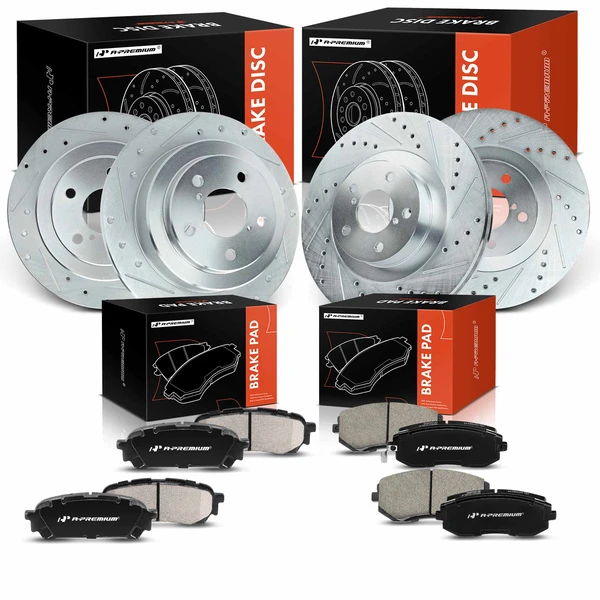 2005-2006 Saab 9-2X Drilled & Slotted Disc Brake Rotors and Ceramic Pads Kit, 12 Pcs, Front & Rear, A-Premium, APBRPS1407