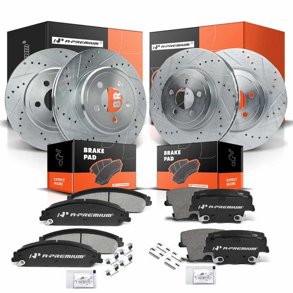 2005-2020 Chrysler 300 Drilled & Slotted Disc Brake Rotors and Ceramic Pads Kit, 12 Pcs, Front & Rear, A-Premium, APBRPS149