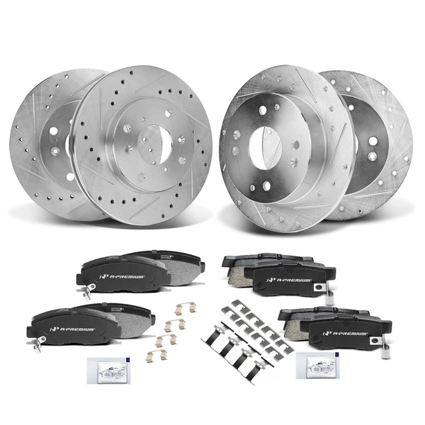 1998-1999 Acura CL Drilled & Slotted Disc Brake Rotors and Ceramic Pads Kit, 12 Pcs, Front & Rear, A-Premium, APBRPS043