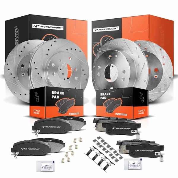 Drilled & Slotted Disc Brake Rotors and Ceramic Pads Kit, 12 Pcs, Front & Rear, A-Premium, APBRPS043