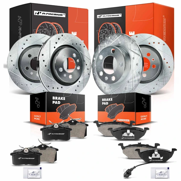 Drilled & Slotted Disc Brake Rotors and Ceramic Pads Kit, 12 Pcs, Front & Rear, A-Premium, APBRPS1002