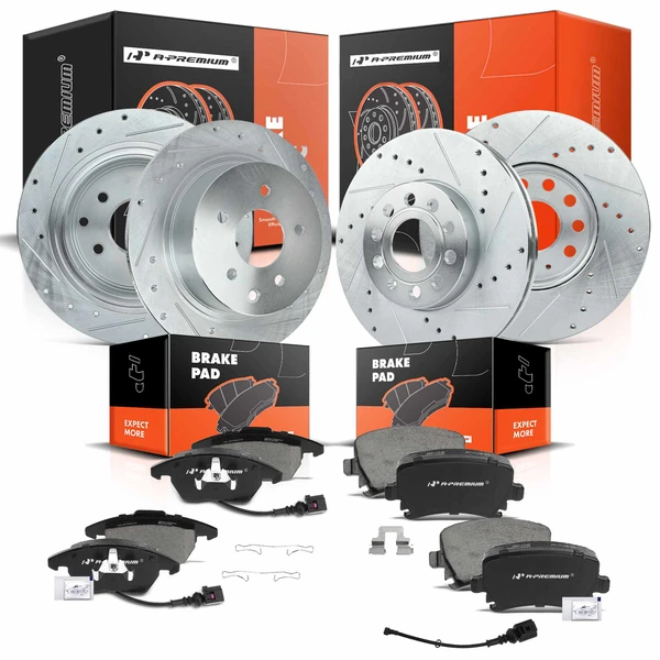 2005-2010 Volkswagen Jetta Drilled & Slotted Disc Brake Rotors and Ceramic Pads Kit, 12 Pcs, Front & Rear, A-Premium, APBRPS244