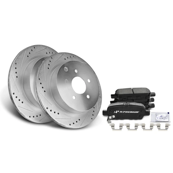 Drilled & Slotted Disc Brake Rotors and Ceramic Pads Kit, 6 Pcs, Rear Driver & Passenger, A-Premium, APBRPS044