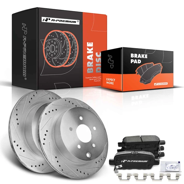2003-2008 2011-2012 INFINITI FX35 Drilled & Slotted Disc Brake Rotors and Ceramic Pads Kit, 6 Pcs, Rear Driver & Passenger, A-Premium, APBRPS044