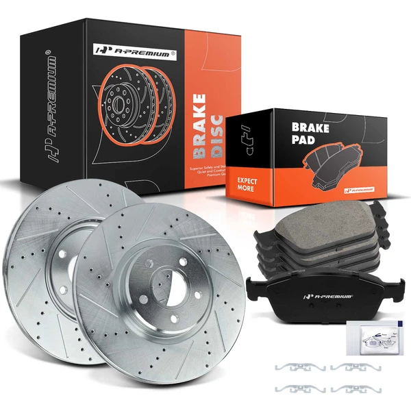 2014-2018 Ford Transit Connect Drilled & Slotted Disc Brake Rotors and Ceramic Pads Kit, 6 Pcs, Front Driver & Passenger, A-Premium, APBRPS046