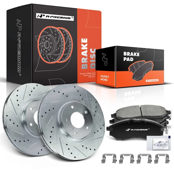 2006-2009 Nissan 350Z Drilled & Slotted Disc Brake Rotors and Ceramic Pads Kit, 6 Pcs, Front Driver & Passenger, A-Premium, APBRPS148
